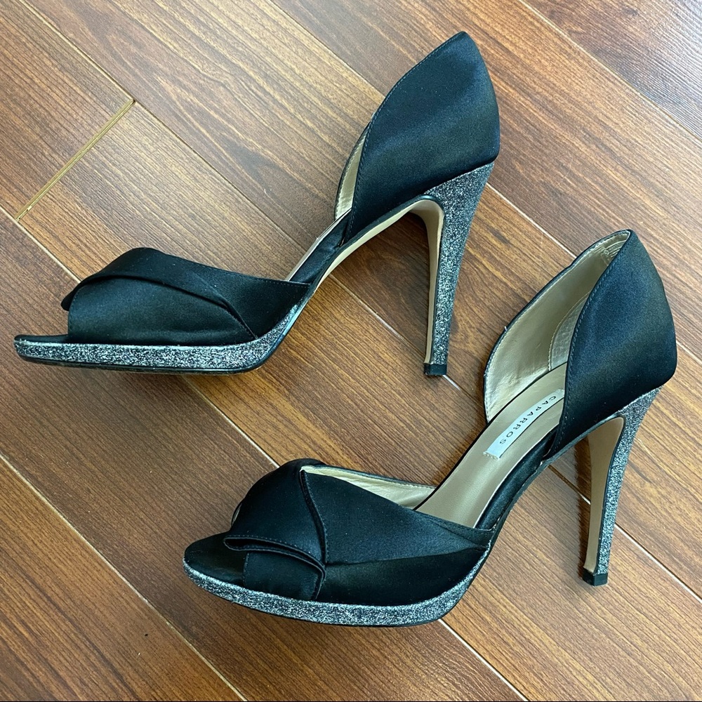 Black Satin Heels with Silver Glitter Accent Peep Toe Size 8